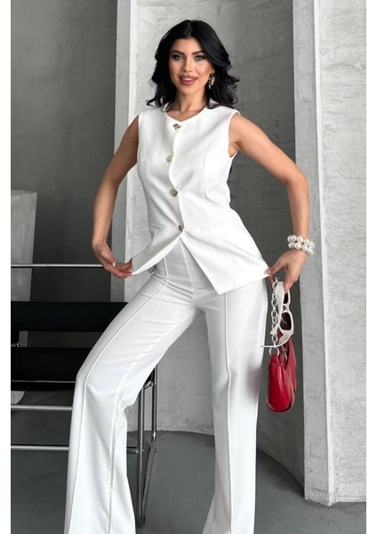 Kadın Ikili Alt Üst Takım Şık Düğme Detaylı Bisiklet Yaka Regular Yelek Pantolon Takım indirimleri