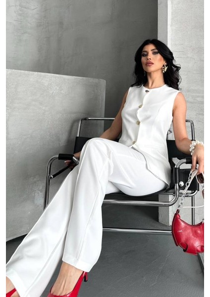 Kadın Ikili Alt Üst Takım Şık Düğme Detaylı Bisiklet Yaka Regular Yelek Pantolon Takım