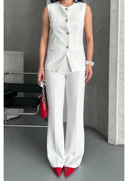 Kadın Ikili Alt Üst Takım Şık Düğme Detaylı Bisiklet Yaka Regular Yelek Pantolon Takım