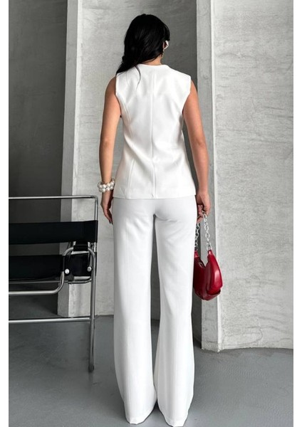 Kadın Ikili Alt Üst Takım Şık Düğme Detaylı Bisiklet Yaka Regular Yelek Pantolon Takım