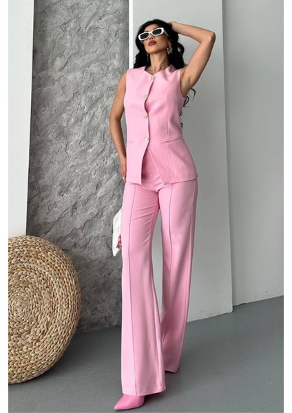 Kadın Ikili Alt Üst Takım Şık Düğme Detaylı Bisiklet Yaka Regular Yelek Pantolon Takım
