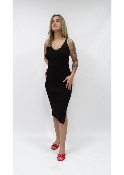 Kadın Askılı Triko Askılı Uzun Boy Yandan Yırtmaçlı Elbise modelleri