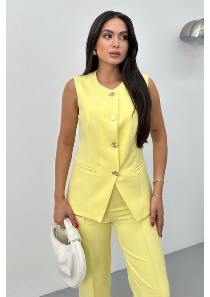 Kadın Ikili Alt Üst Takım Şık Düğme Detaylı Bisiklet Yaka Regular Yelek Pantolon Takım indirimleri