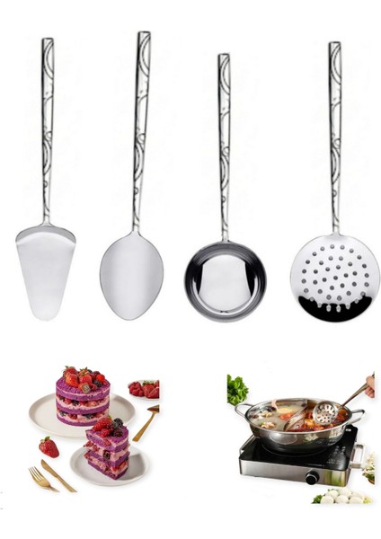 4 Parça Paslanmaz Çelik Spatula, Kevgir, Kepçe,kaşık Çeyiz Hazırlık Seti