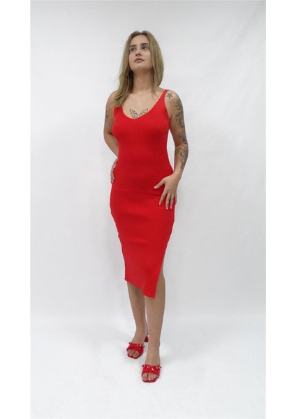 Kadın Askılı Triko Askılı Uzun Boy Yandan Yırtmaçlı Elbise