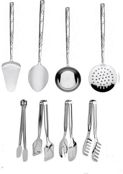 8 Parça Servis ve Maşa Seti Spatula,kepçe,kevgir,kaşık,makarna,salata,pasta,ızgara Maşası