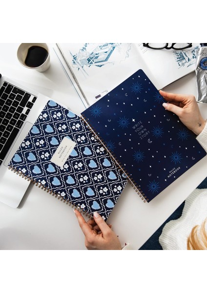 Spiralli Karton Kapak 2 Li Set Çizgili Okul Defteri 80 Yaprak, Ders Programlı Lacivert Kalp