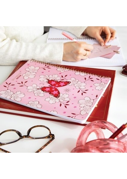 Spiralli Karton Kapak 2 Li Set Çizgili Okul Defteri 80 Yaprak, Ders Programlı Pembe Kelebek modelleri