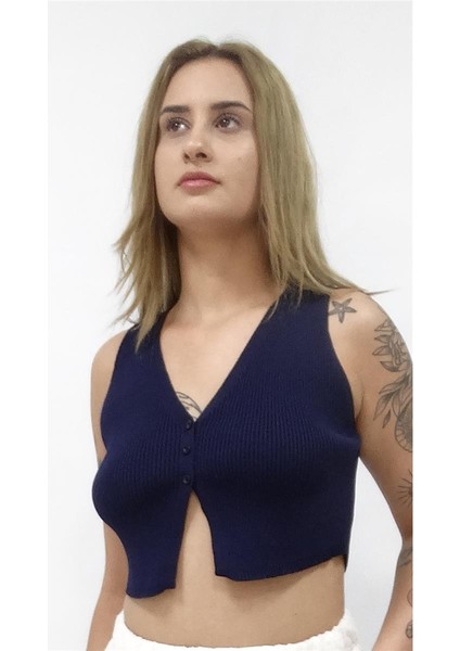 Kadın Üç Düğmeli Lacivert Yelek Büstiyer