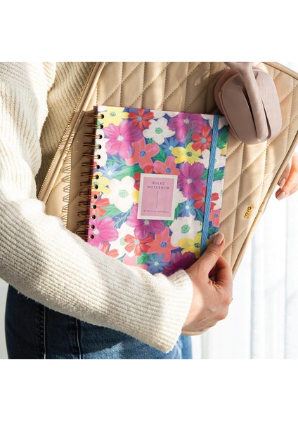 17X24 Spiralli Lastikli Sert Kapak Çizgili Not Defteri Çok Renkli Çiçekler