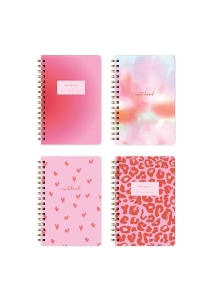 9X14 cm Sert Kapak Spiralli Çizgili 4 Lü Cep Not Defteri Seti - Pembe fiyatları