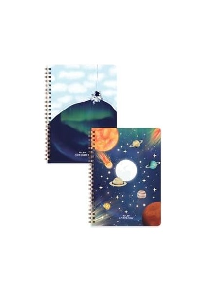 Spiralli Karton Kapak 2 Li Set Çizgili Okul Defteri 80 Yaprak, Ders Programlı Galaksi modelleri