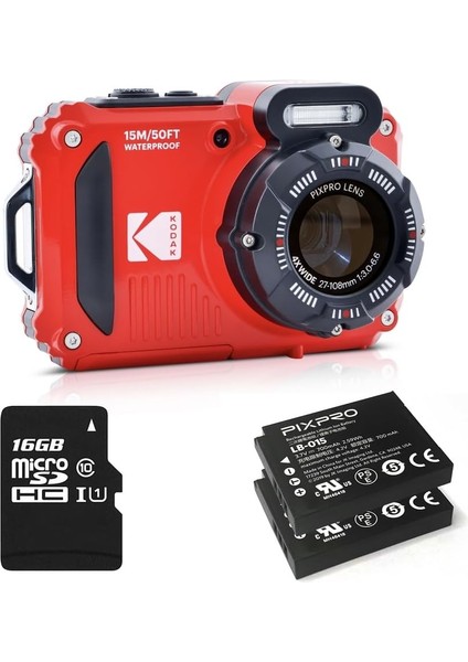 Pixpro Pack Wpz2 + 2 Pil + 1 Sd Kart - Kompakt 16 M Piksel, 15 M'ye Kadar Su Geçirmez, Darbeye Dayanıklı, Video 720P, LCD Ekran 2,7 Inç - Lityum Iyon Pil - Kırmızı