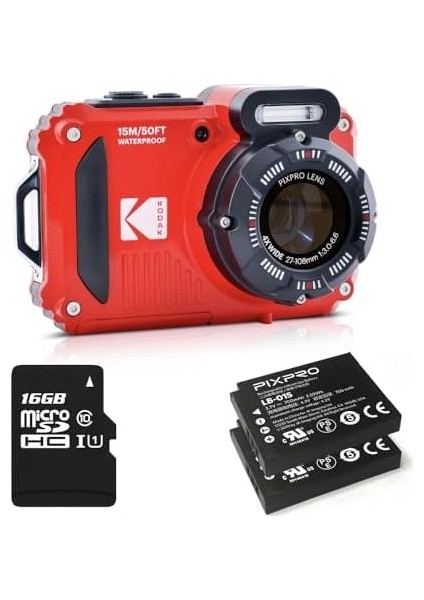 Pixpro Pack Wpz2 + 2 Pil + 1 Sd Kart - Kompakt 16 M Piksel, 15 M'ye Kadar Su Geçirmez, Darbeye Dayanıklı, Video 720P, LCD Ekran 2,7 Inç - Lityum Iyon Pil - Kırmızı fiyatları