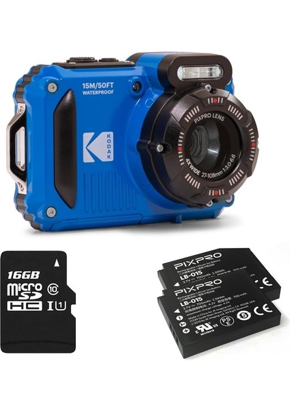 Pixpro Wpz2 + 2 Pil + 1 Sd Kart, Kompakt Dijital Kamera, 16 M Piksel, 15 M Su Geçirmez, Darbeye Dayanıklı, 720P Video, 2,7 LCD Ekran, Li-Ion Pil, Mavi
