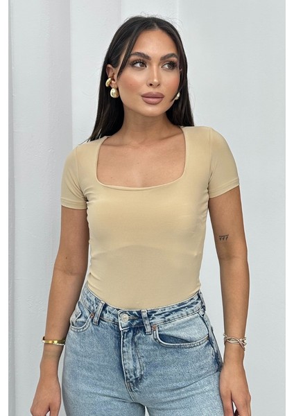 Kadın Kısa Kollu T-Shirt Kare Yaka Çift Kat Sandy Kumaş Crop T-Shirt fiyatları