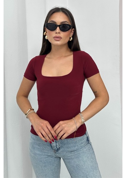 Kadın Kısa Kollu T-Shirt Kare Yaka Çift Kat Sandy Kumaş Crop T-Shirt