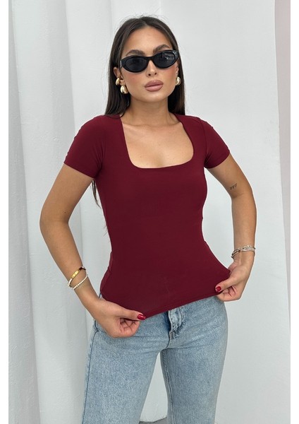 Kadın Kısa Kollu T-Shirt Kare Yaka Çift Kat Sandy Kumaş Crop T-Shirt fiyatları