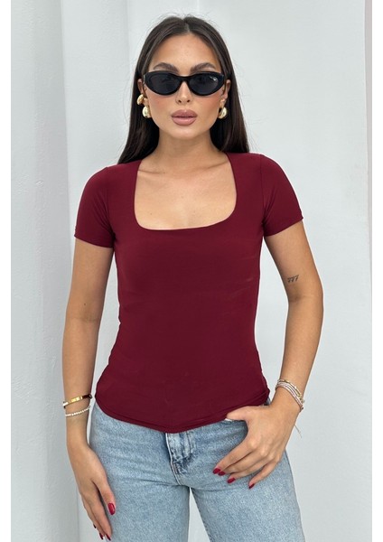 Kadın Kısa Kollu T-Shirt Kare Yaka Çift Kat Sandy Kumaş Crop T-Shirt indirimleri