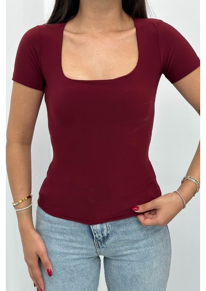 Kadın Kısa Kollu T-Shirt Kare Yaka Çift Kat Sandy Kumaş Crop T-Shirt