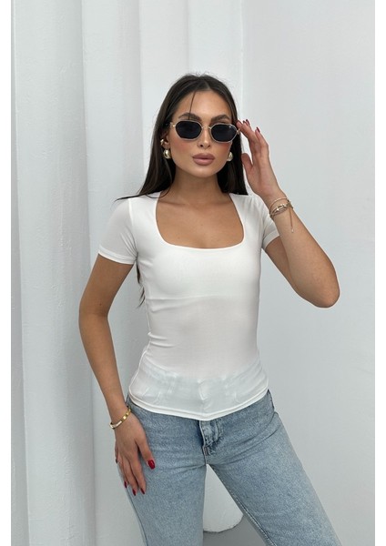 Kadın Kısa Kollu T-Shirt Kare Yaka Çift Kat Sandy Kumaş Crop T-Shirt
