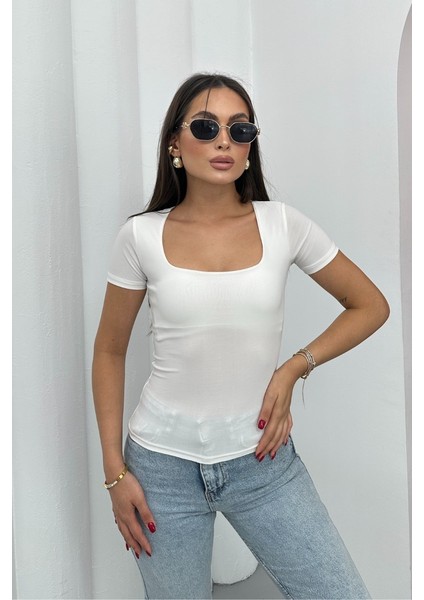 Kadın Kısa Kollu T-Shirt Kare Yaka Çift Kat Sandy Kumaş Crop T-Shirt fiyatları