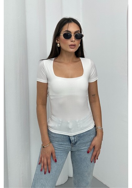 Kadın Kısa Kollu T-Shirt Kare Yaka Çift Kat Sandy Kumaş Crop T-Shirt modelleri