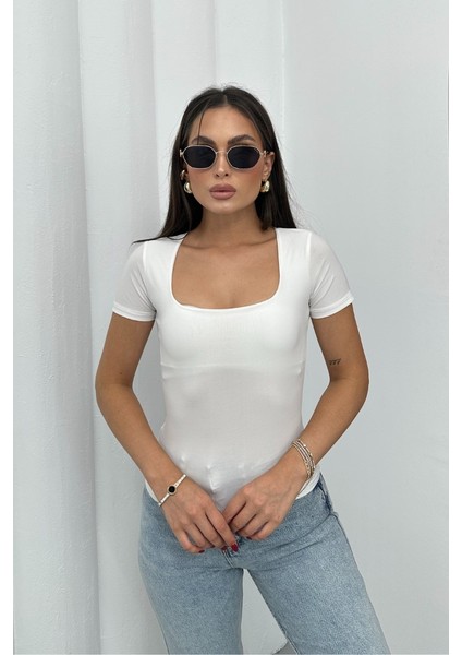 Kadın Kısa Kollu T-Shirt Kare Yaka Çift Kat Sandy Kumaş Crop T-Shirt fırsatları