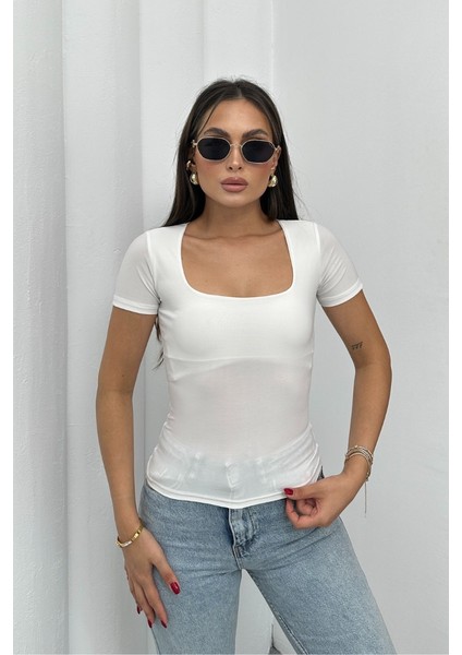 Kadın Kısa Kollu T-Shirt Kare Yaka Çift Kat Sandy Kumaş Crop T-Shirt indirimleri