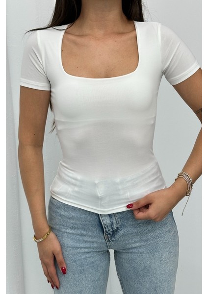 Kadın Kısa Kollu T-Shirt Kare Yaka Çift Kat Sandy Kumaş Crop T-Shirt