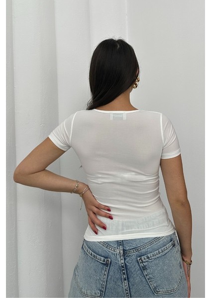 Kadın Kısa Kollu T-Shirt Kare Yaka Çift Kat Sandy Kumaş Crop T-Shirt