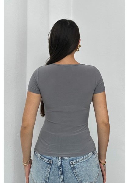 Kadın Kısa Kollu T-Shirt Kare Yaka Çift Kat Sandy Kumaş Crop T-Shirt