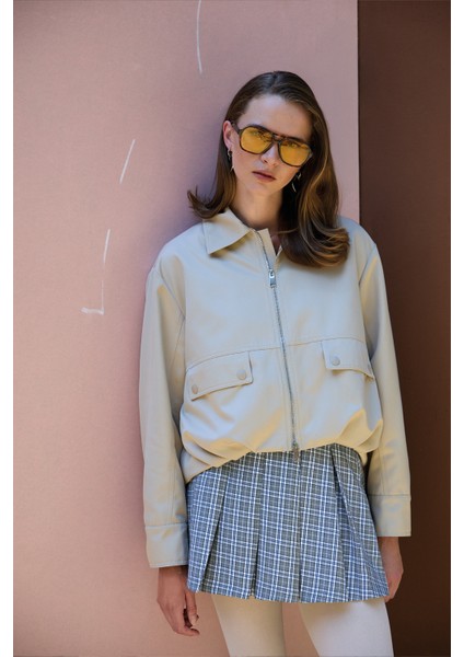 Sırtı Şeritli Gömlek Yaka Oversize Bomber Ceket Bej