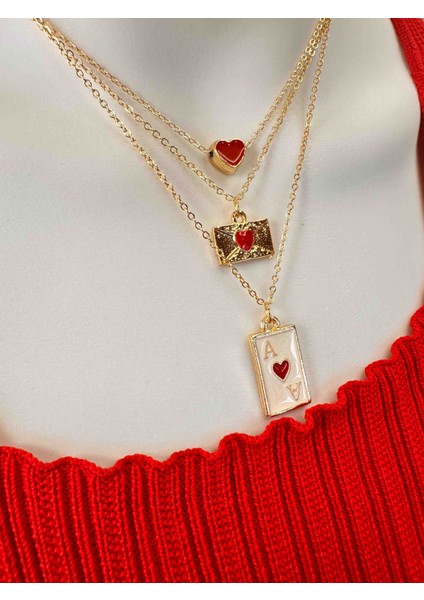 3 Lü Charm Kolye Seti , Kalpli Kolye , Zarflı Kolye , As Kolye , Kırmızı Kalp Temalı Kolye Seti modelleri