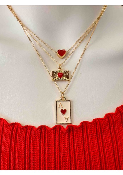 3 Lü Charm Kolye Seti , Kalpli Kolye , Zarflı Kolye , As Kolye , Kırmızı Kalp Temalı Kolye Seti fırsatları