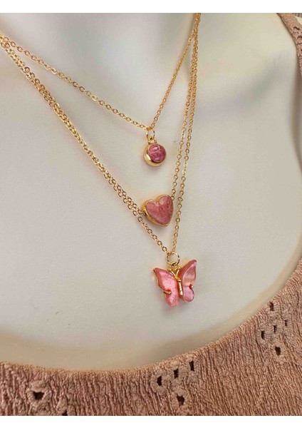 3 Lü Pembe Kolye Seti , Kalpli Kolye , Kelebekli Kolye modelleri