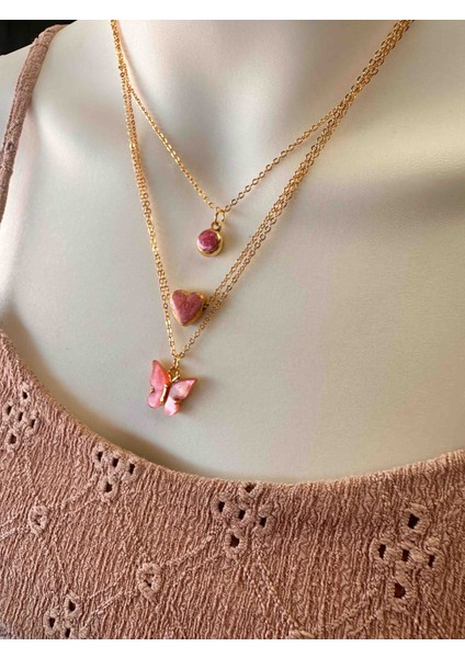 3 Lü Pembe Kolye Seti , Kalpli Kolye , Kelebekli Kolye fırsatları