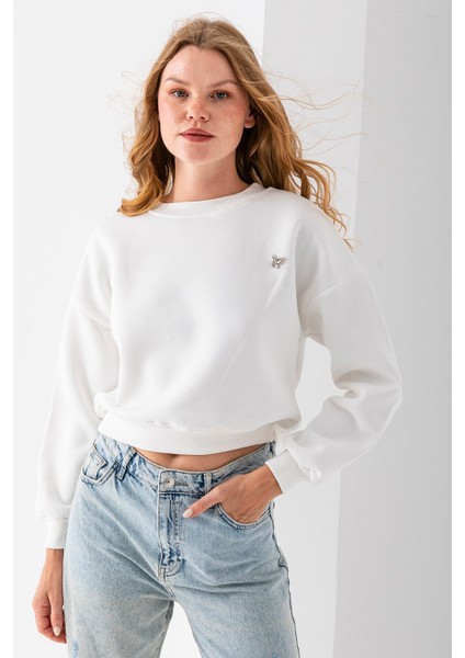 Kadın Bisiklet Yaka Kelebek Aksesuarlı 3ip Crop Sweatshirt Beyaz - 2670