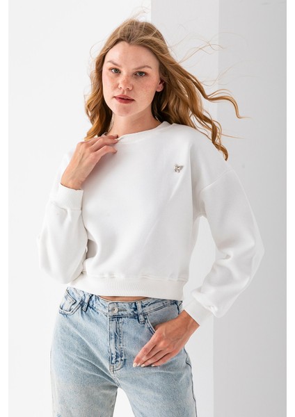 Kadın Bisiklet Yaka Kelebek Aksesuarlı 3ip Crop Sweatshirt Beyaz - 2670 fiyatları