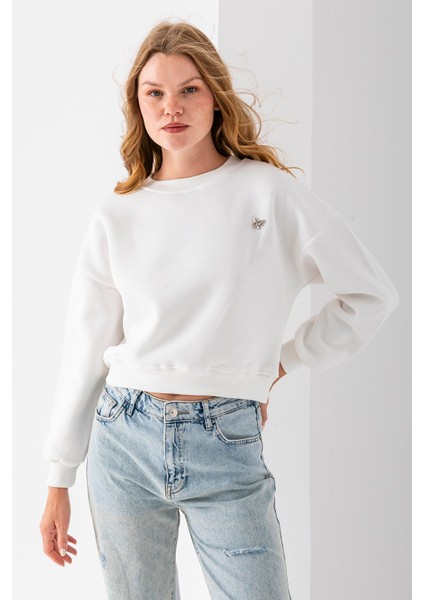 Kadın Bisiklet Yaka Kelebek Aksesuarlı 3ip Crop Sweatshirt Beyaz - 2670 fırsatları