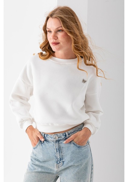 Kadın Bisiklet Yaka Kelebek Aksesuarlı 3ip Crop Sweatshirt Beyaz - 2670 indirimleri