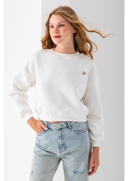 Kadın Bisiklet Yaka Kelebek Aksesuarlı 3ip Crop Sweatshirt Beyaz - 2670