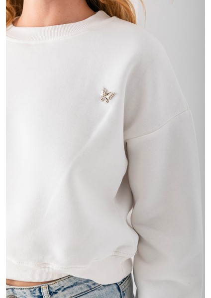 Kadın Bisiklet Yaka Kelebek Aksesuarlı 3ip Crop Sweatshirt Beyaz - 2670