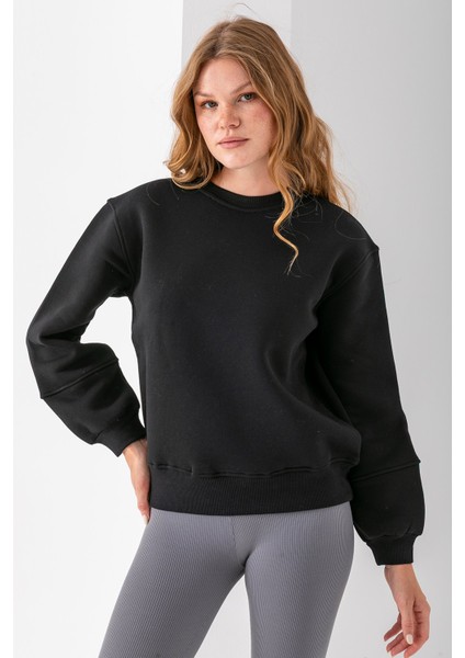 Kadın Bisiklet Yaka Kol Parçalı 3ip Şardonlu Sweatshirt Siyah - 2513