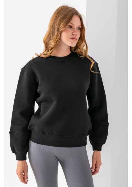 Kadın Bisiklet Yaka Kol Parçalı 3ip Şardonlu Sweatshirt Siyah - 2513 indirimleri
