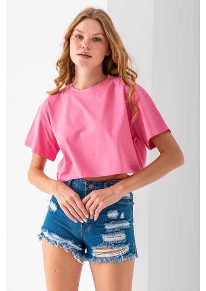 Kadın Bisiklet Yaka %100 Pamuk Basic Crop T-Shirt Pembe - 925007