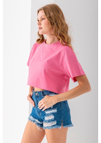Kadın Bisiklet Yaka %100 Pamuk Basic Crop T-Shirt Pembe - 925007 fiyatları