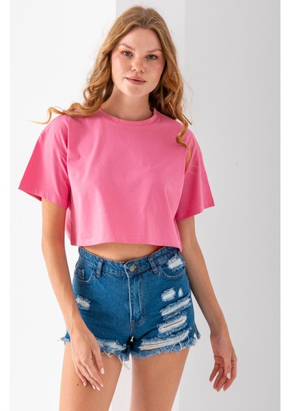 Kadın Bisiklet Yaka %100 Pamuk Basic Crop T-Shirt Pembe - 925007 modelleri
