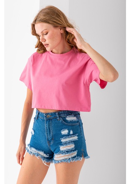 Kadın Bisiklet Yaka %100 Pamuk Basic Crop T-Shirt Pembe - 925007 fırsatları