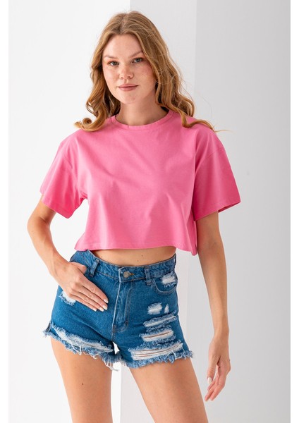 Kadın Bisiklet Yaka %100 Pamuk Basic Crop T-Shirt Pembe - 925007 indirimleri